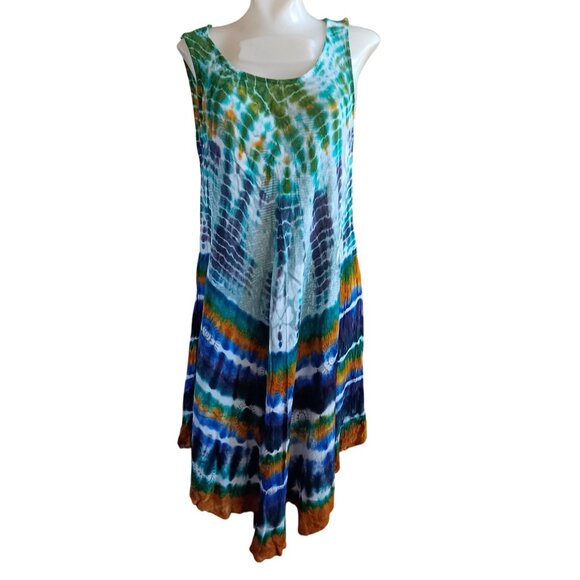 Vtg Women's Dress Hippie Sleeveless Tie-Dye Free Size By S.R. Fashion 100% Rayon - Picture 1 of 5